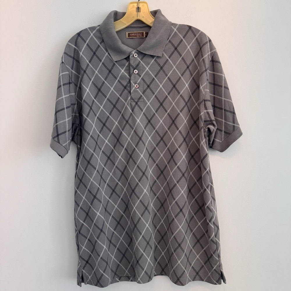 Cardinali New York Men's Large Polo Shirt Gray Diamond Grid Retro Geometric VTG
